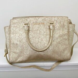 Michael Kors Selma Large Top Zip Satchel‎ Bag Embossed Gold